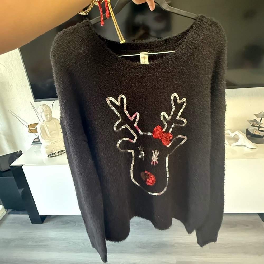 No Boundaries Black Sweater with Red Reindeer Design - Picture 6 of 10